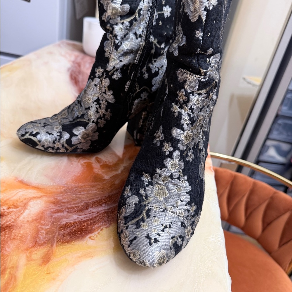 Floral Embroidered Black and Silver Boots